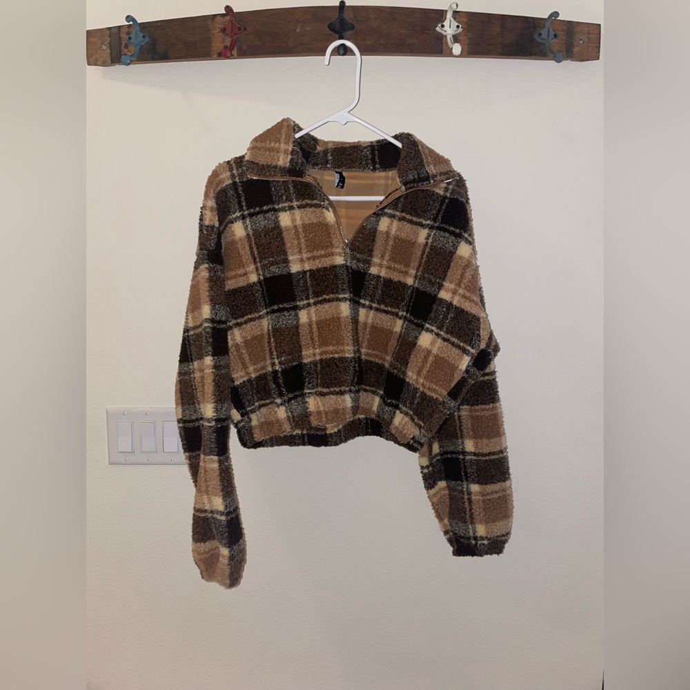 ZAFUL Plaid Cropped Teddy Jacket - Size L